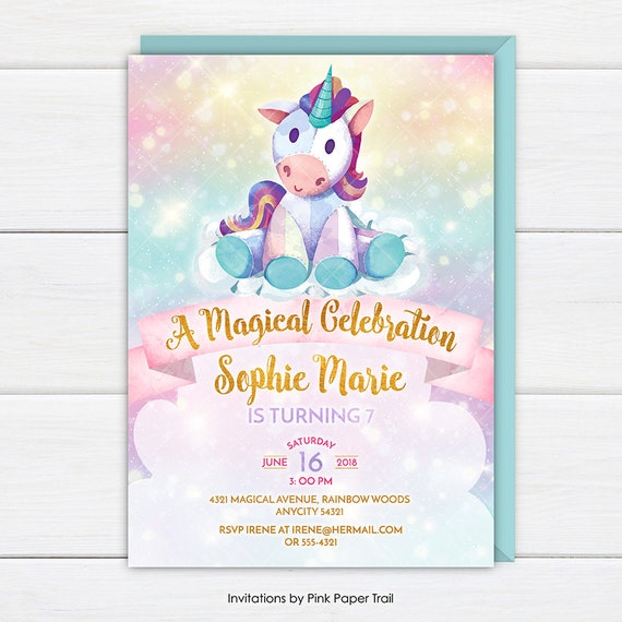 Unicorn Birthday Invitation Cute Unicorn Rainbow Birthday Etsy