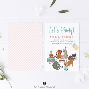 Kitty Cat Invitation Template Cute Cats Birthday Party Invitation, Kitty Cat Birthday Party Editable Corjl Template Instant Download