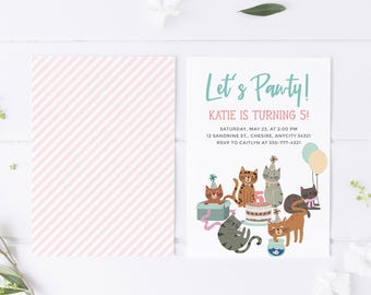 Kitty Cat Invitation Template Cute Cats Birthday Party Invitation, Kitty Cat Birthday Party Editable Corjl Template Instant Download