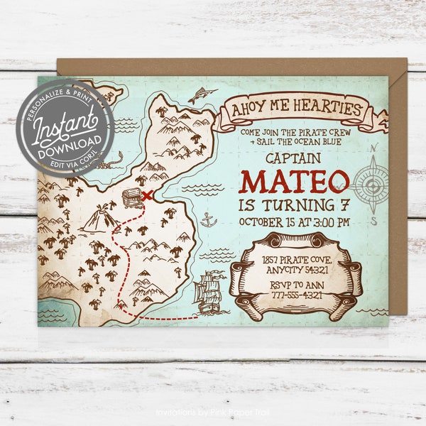 EDITABLE Pirate Invitation, Pirate Treasure Map Invitation, Pirate Birthday Party, Pirate Ship Treasure Hunt Instant Access Template