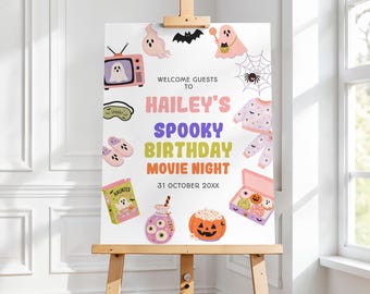 Halloween Movie Night Welcome Sign, Spooky Birthday Party Decor, Halloween Sleepover Sign, Cute Halloween Party Printable