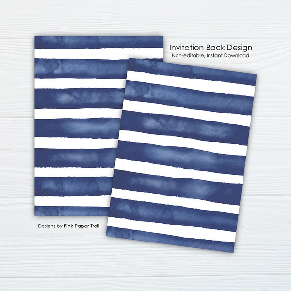 Navy Blue and White Stripes Watercolor Invitation Back Layout Print Design, Invitation Back Design Instant Download Print Your Own