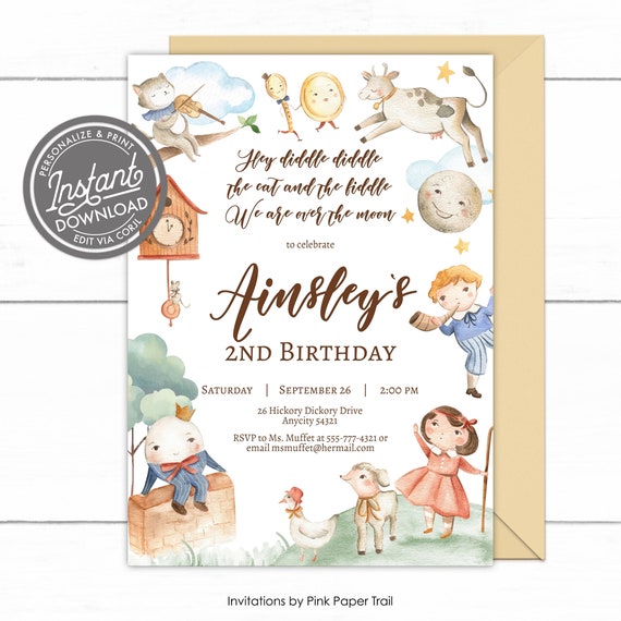EDITABLE Nursery Rhyme Themed Birthday Invitation, Nursery Rhyme Characters Gender Neutral Invitation Instant Access Print Your Own Il_570xn