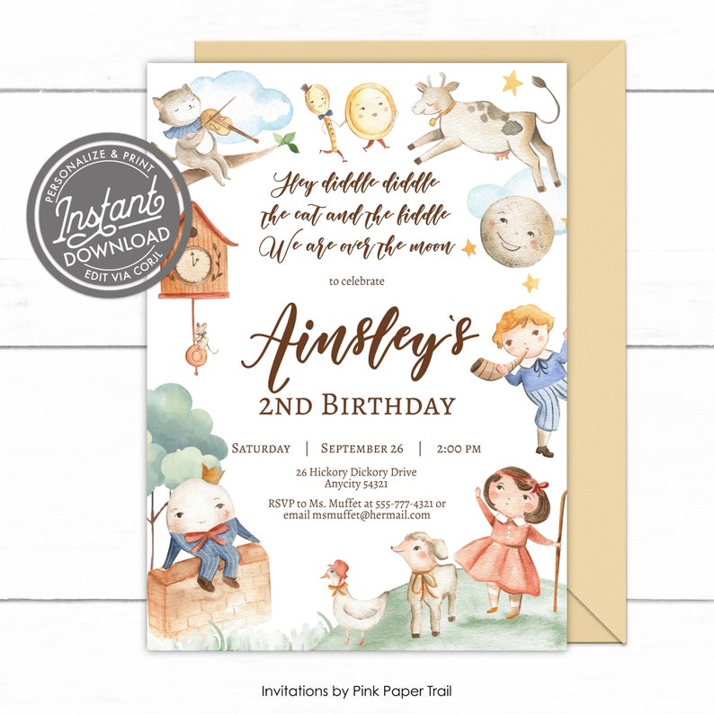 EDITABLE Nursery Rhyme Themed Birthday Invitation, Nursery Rhyme Characters Gender Neutral Invitation Instant Access Print Your Own image 1