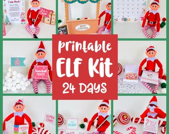 May include: A collage of images featuring a printable Elf Kit for 24 days. The kit includes elf dolls in red outfits, signs, a calendar, and accessories. The text "printable Elf Kit 24 Days" is prominently displayed.