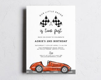 Retro Race Car Birthday Invitation Template, Two Fast Red Race Car 2nd Birthday Invite, Vintage Race Car Printable Template Instant Access