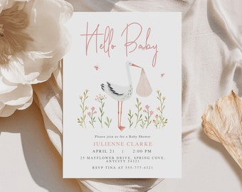 Baby Shower Invitation Template Editable, Floral Stork Special Delivery Baby Shower Invite Template Instant Download Access