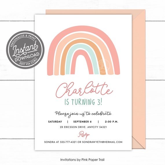 EDITABLE Modern Rainbow Birthday Invitation, Mod Minimalist Scandinavian Style Muted Rainbow Girl Birthday Invitation, Instant Access Il_570xn