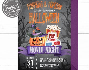 EDITABLE Halloween Backyard Movie Night Invitation, Halloween Pumpkins and Popcorn Movie Night Invitation Printable Instant Access