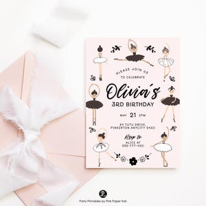 Editable Ballerina Birthday Invitation Modern Ballerina Ballet Dancer Girl Birthday Invitation Digital Template, Minimalist Cute Ballerinas
