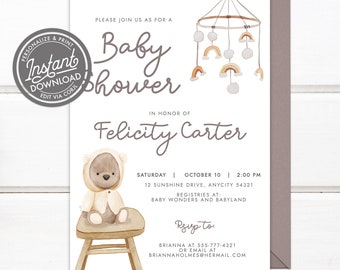 EDITABLE Modern Minimalist Boho Baby Shower Invitation, Bohemian Baby Toys Baby Shower Invite Instant Access Print Your Own