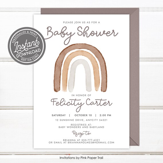 EDITABLE Modern Minimalist Rainbow Boho Baby Shower Invitation, Muted Rainbow Bohemian Baby Shower Invite Instant Access Print Your Own Il_570xn