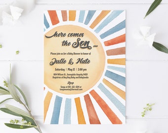 EDITABLE Little Sunshine Here Comes the Son Sunshine Baby Shower Invitation Modern Boho Minimalist Sunshine Party Invite Corjl Template