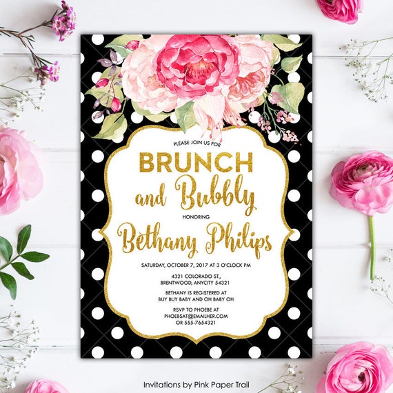 Black and White Polka Dots and Pink Floral and Glitter Gold Brunch and Bubbly Bridal Shower Bachelorette Party Printable Invitation Il_570xn