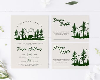 New Adventure Baby Shower Invitation Suite, Forest Mountain Woodland Let the Adventure Begin Gender Neutral Baby Shower Editable Template