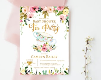 EDITABLE Tea Party Baby Shower Invitation, Floral Garden Baby Shower Afternoon Tea Party, Baby Shower High Tea Printable Invitation
