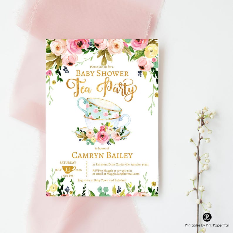 EDITABLE Tea Party Baby Shower Invitation, Floral Garden Baby Shower Afternoon Tea Party, Baby Shower High Tea Printable Invitation Bild 1