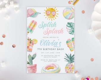 Editable Summer Tropical Birthday Party Invitation Girly Pool Party Water Slide Paddling Summer Party Birthday Invite Instant Download