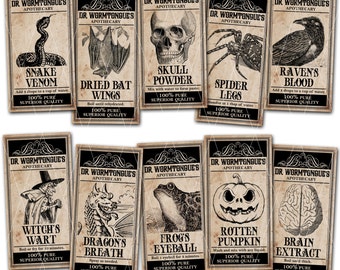 Halloween Apothecary Labels, Magical Potion Labels, Halloween Party Tags, Witches Brew Ingredient Labels - Instant Download