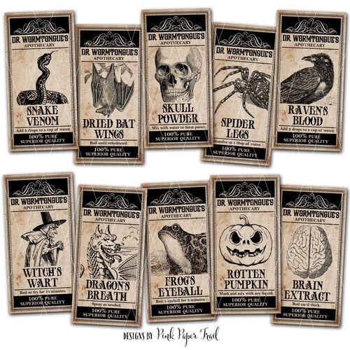 Halloween Apothecary Labels, Magical Potion Labels, Halloween Party Tags, Witches Brew Ingredient Labels - Instant Download
