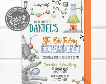 Editable Mad Science Party Birthday Invite, Mad Science Invitation, Scientist Experiment Party Invite, Printable Instant Download