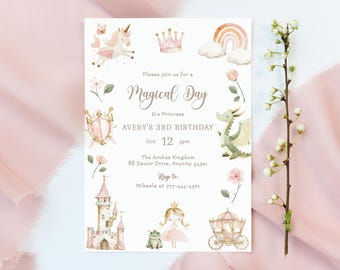 Princess Birthday Magical Day Invitation, Princess Castle Palace Birthday Party Invite Editable Invitation Template
