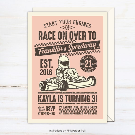Pink Go Kart Birthday Invitation, Race Car Invitation, Pink Retro Race Car Personalized Printable Digital Invitation, Choose your Color Il_570xn