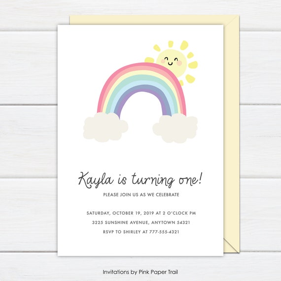 Rainbow Birthday Invitation, Pastel Rainbow, Over the Rainbow, First Birthday, Little Sunshine Personalized Digital Printable Invite v.2 Il_570xn