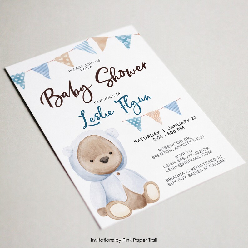 EDITABLE Boho Baby Shower Invitation, Boho Baby Bear Baby Boy Shower Invitation Teddy Bear with Buntings Printable Instant Access Invite bild 2