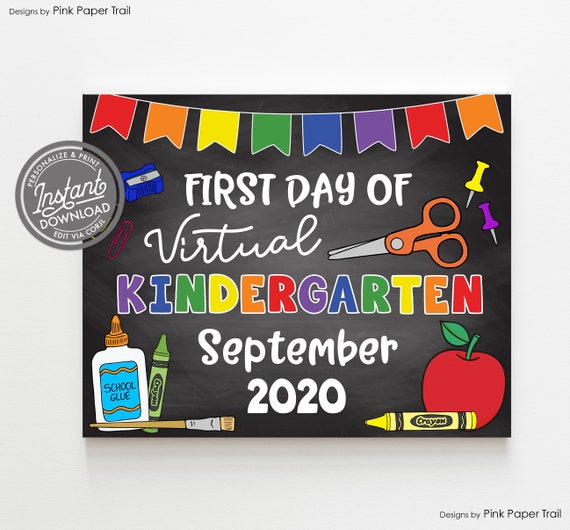 EDITABLE First Day of Kindergarten Sign, Chalkboard Back to Virtual School Photo Prop Instant Access Edit and Print your Own Sign Il_570xn