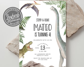 EDITABLE Dinosaur Birthday Party Invitation, Brontosaurus Tyrannosaurus Rex Pterodactyl Dinosaur Birthday Invite Template Instant Aceess