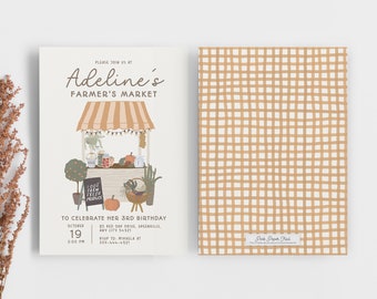 May include: A printable invitation for a 3rd birthday party with a farmer's market theme. The invitation features a cartoon illustration of a market stall with produce and a sign that says "100% Farm Fresh Produce". The text on the invitation says "Please join us at Adeline's Farmer's Market to celebrate her 3rd birthday. October 19, 2:00 PM, 85 Red Oak Drive, Greenbills, Any City 54921. RSVP to Mikaela at 277-444-4321."