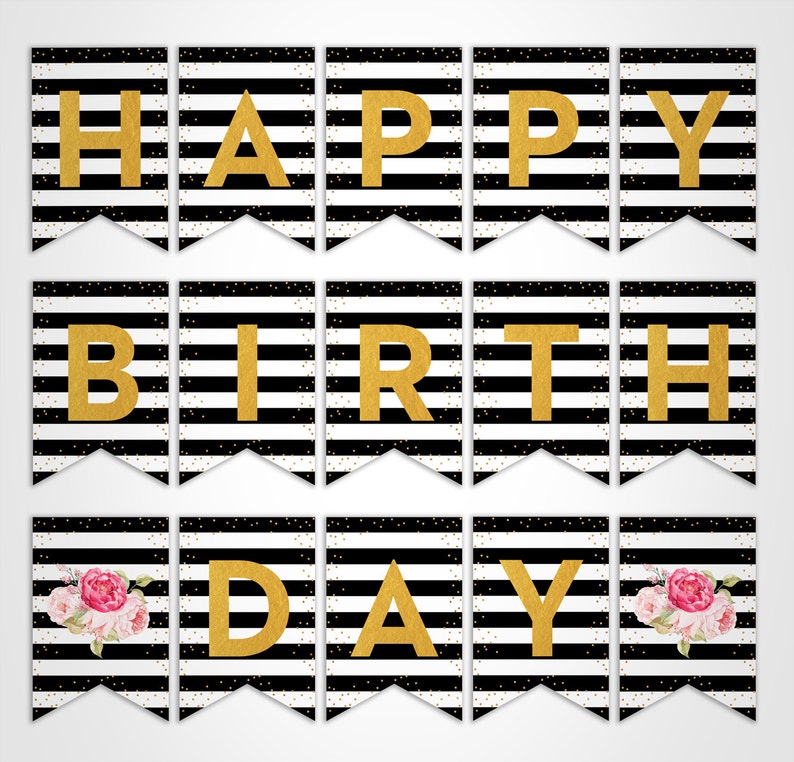 Black and White Stripes, Gold Glitter, Pink Floral Happy Birthday Banner, Instant Download, Print Your Own image 2