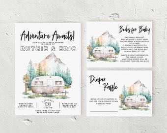 Editable Adventure Awaits Baby Shower Invitation Suite Happy Camper Invitation Camping Adventure Baby Shower Party Invite Digital Template