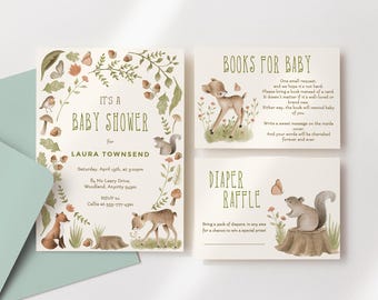 Woodland Baby Shower Invitation Suite, Fox Deer Forest Animals Baby Shower Invite Template, Gender Neutral Woodland Baby Shower Invitation