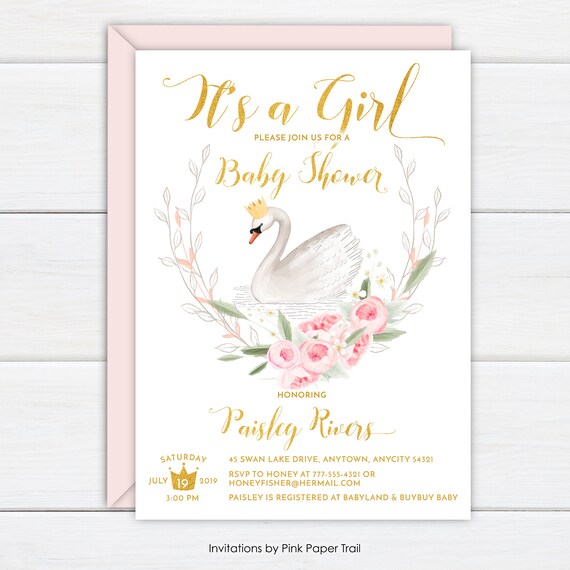 Swan Baby Shower Invitation, Swan Princess Baby Shower Invite, Swan Invite, Pink and Gold Girl Baby Shower Printable Invite Il_570xn