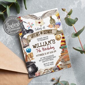 May include: A watercolor-style invitation for a 7th birthday party with a Harry Potter theme. The invitation features a black witch's hat, a golden snitch, a stack of books, a potion bottle, a broom, and an owl. The text on the invitation reads "Calling all Witches and Wizards" and "William's 7th Birthday".