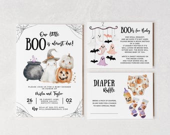 May include: Halloween-themed baby shower invitations and inserts. The main invitation features a cauldron, ghost, and pumpkin. Inserts include a request for books, and a diaper raffle. The text reads "Our little BOO is almost due!"
