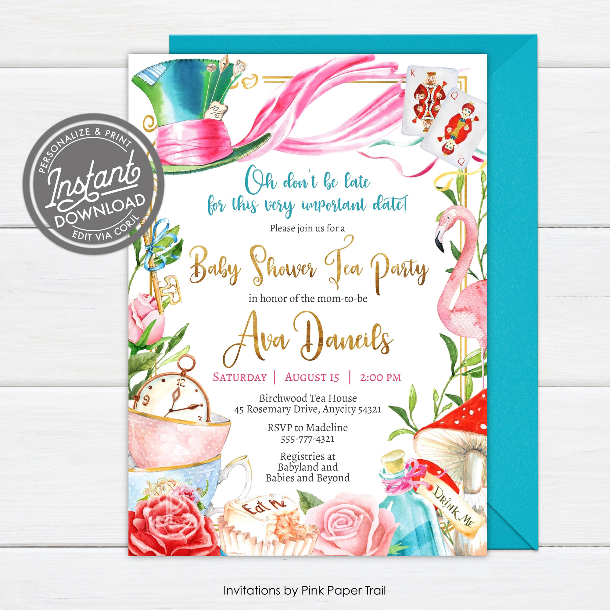 Printable Alice in Wonderland Invite, Editable Black Instant