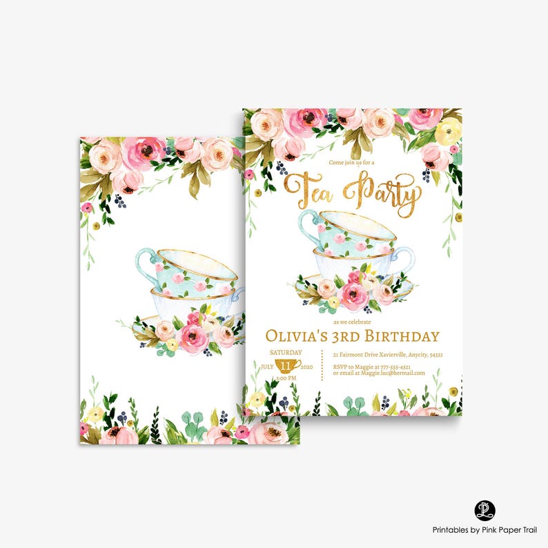 EDITABLE Tea Party Invitation, Tea Party Birthday Invite, Floral High Tea Party, Floral and Gold Tea Party Template Any Age Printable Invite Bild 3
