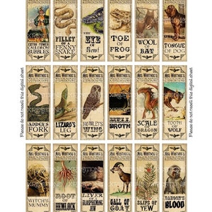 May include: A digital collage sheet with 18 vintage-style labels featuring illustrations of various creatures and ingredients. The labels are designed for use in crafting, scrapbooking, and other creative projects. Each label features a unique design and text, such as "Adder's Fork", "Howlet's Wing", and "Witch's Mummy".