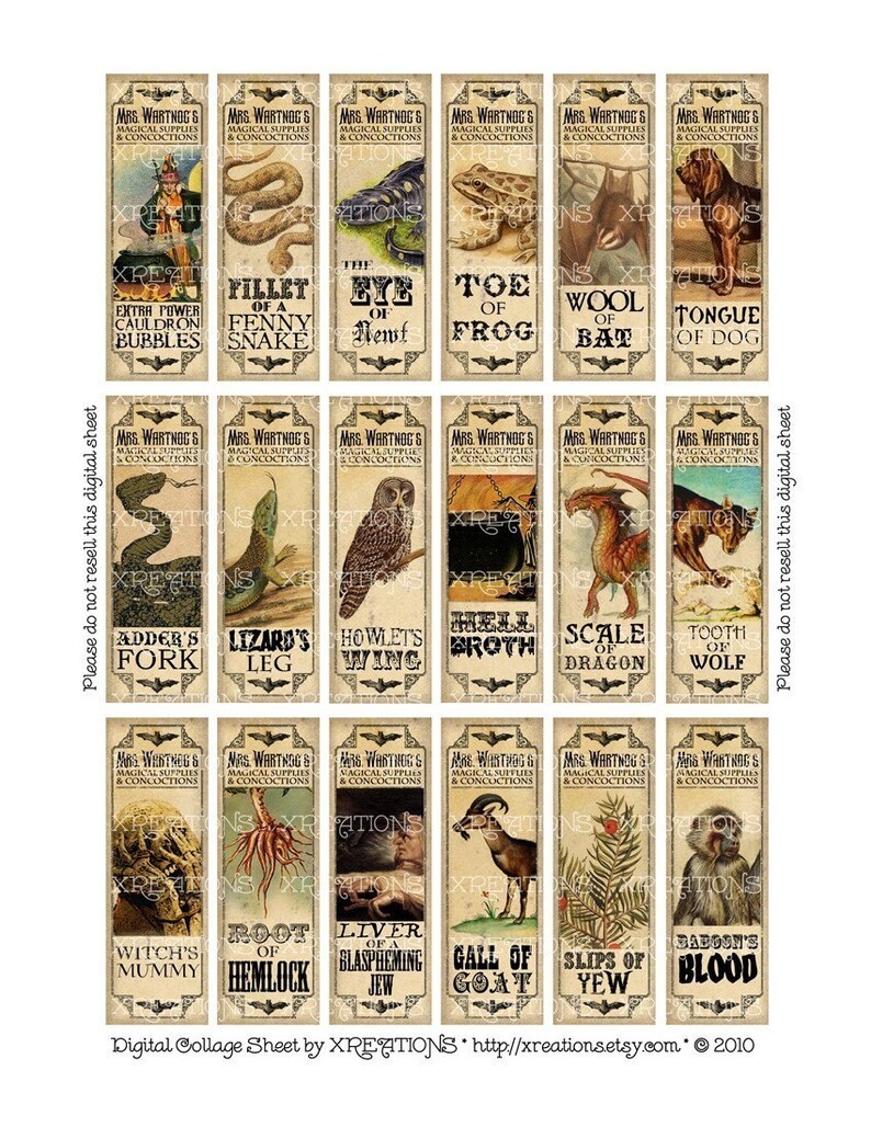 May include: A digital collage sheet with 18 vintage-style labels featuring illustrations of various creatures and ingredients. The labels are designed for use in crafting, scrapbooking, and other creative projects. Each label features a unique design and text, such as "Adder's Fork", "Howlet's Wing", and "Witch's Mummy".