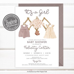 EDITABLE Boho Girl Baby Shower Invitation, Bohemian Baby Clothes Modern Minimalist Baby Shower Invite Instant Access Print Your Own