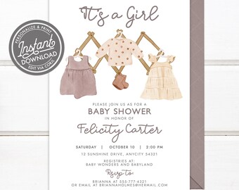May include: A baby shower invitation with the text "It's a Girl" and watercolor illustrations of baby clothes. The invitation includes details for Felicity Carter's baby shower, such as the date, time, and location. The invitation is a printable download.