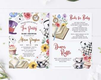Alice in Wonderland Baby Shower Invitation Template Suite with Books for Baby and Diaper Raffle Card, Mad Hatter Tea Party Baby Shower