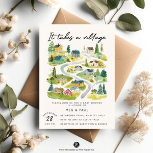 Editable It Takes a Village Baby Shower Invitation Template, Small Town Baby Shower Shower Invite Digital Download Instant Access