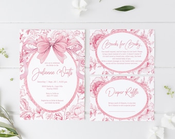 Pink Floral Chinoiserie Baby Shower Invitations, Toile De Jouy Baby Shower Set, Editable Template Baby Shower Invite, Vintage Pink Bow