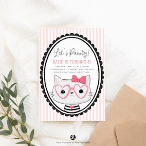 Kitty Cat Invitation Template Cute Girl Cat Birthday Party Invitation, Kitty Cat Birthday Party Editable Corjl Template Instant Download v2