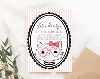 Kitty Cat Invitation Template Cute Girl Cat Birthday Party Invitation, Kitty Cat Birthday Party Editable Corjl Template Instant Download v2