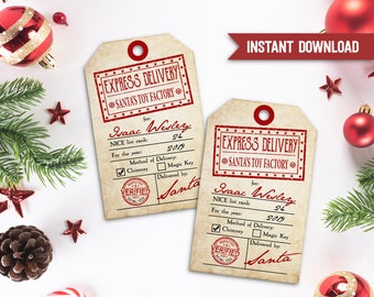 Holiday Gift Tag, Vintage Style Santas Checklist Naughty Nice Editable Hang Tags, DIY Christmas Printable Instant Download v.1